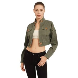 TULLE Olive Green Utility Military Open Front Chic Cropped Jacket Womens Medium